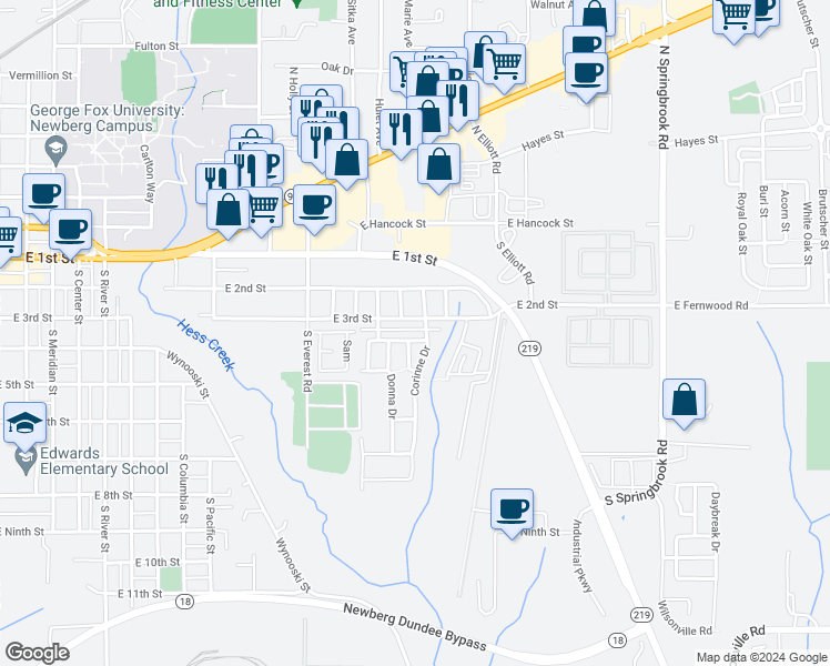 map of restaurants, bars, coffee shops, grocery stores, and more near 2351 Sam Parrett Drive in Newberg