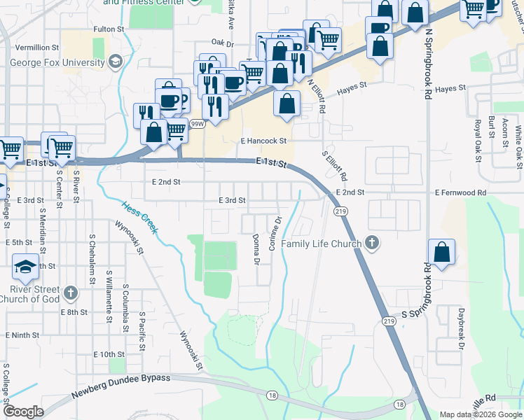 map of restaurants, bars, coffee shops, grocery stores, and more near 2275 Sam Parrett Drive in Newberg