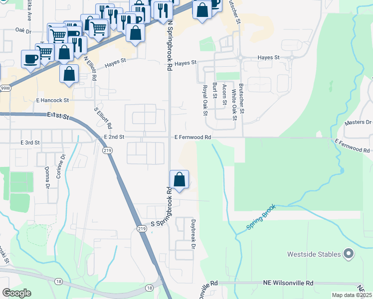 map of restaurants, bars, coffee shops, grocery stores, and more near 3312 East Fernwood Road in Newberg