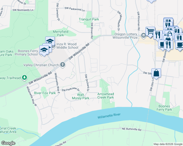 map of restaurants, bars, coffee shops, grocery stores, and more near 31254 Southwest Orchard Drive in Wilsonville