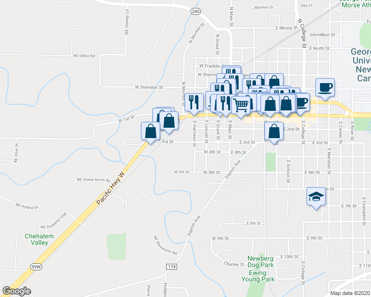 map of restaurants, bars, coffee shops, grocery stores, and more near 516 West 3rd Street in Newberg