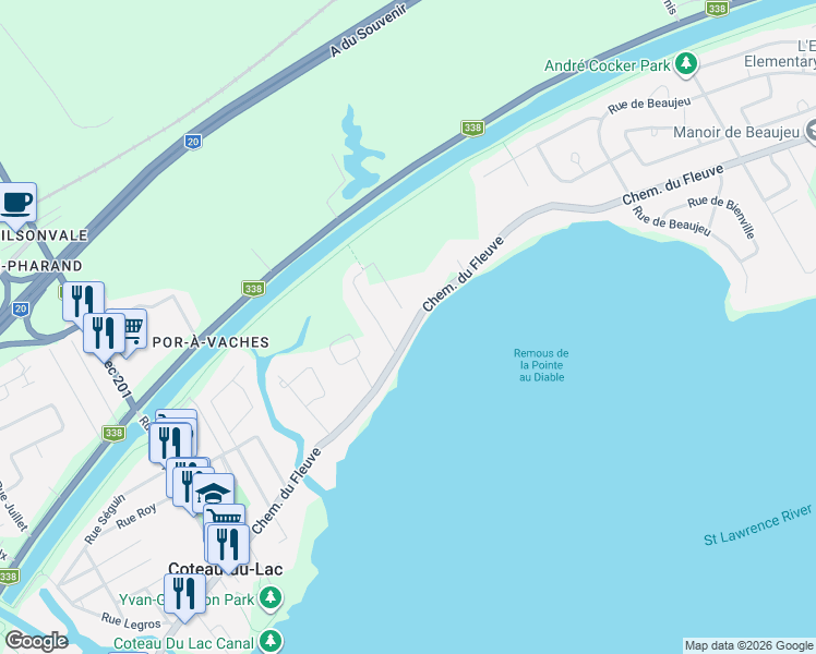 map of restaurants, bars, coffee shops, grocery stores, and more near Chemin du Fleuve in Coteau-du-Lac