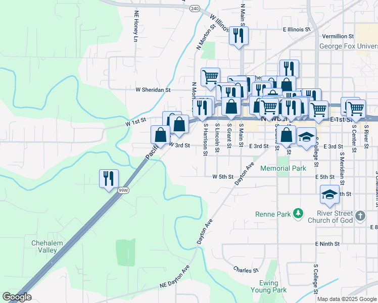 map of restaurants, bars, coffee shops, grocery stores, and more near 516 West 3rd Street in Newberg