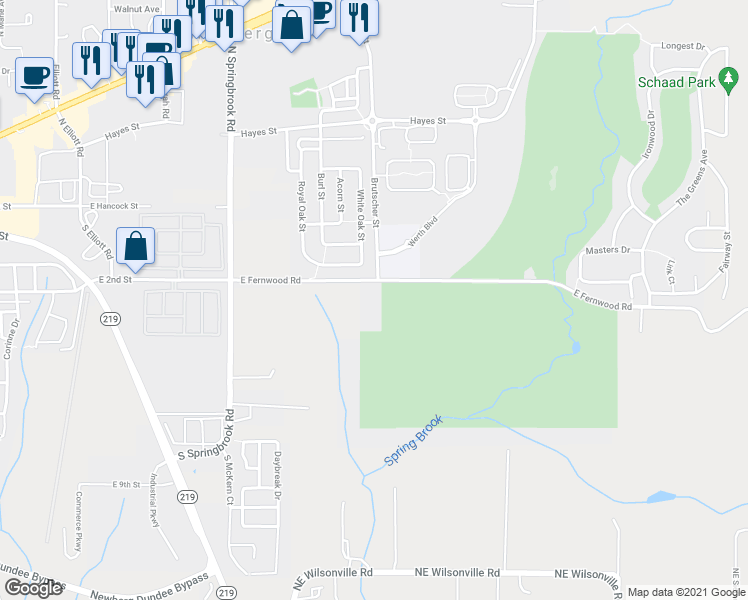 map of restaurants, bars, coffee shops, grocery stores, and more near 3712 East Fernwood Road in Newberg