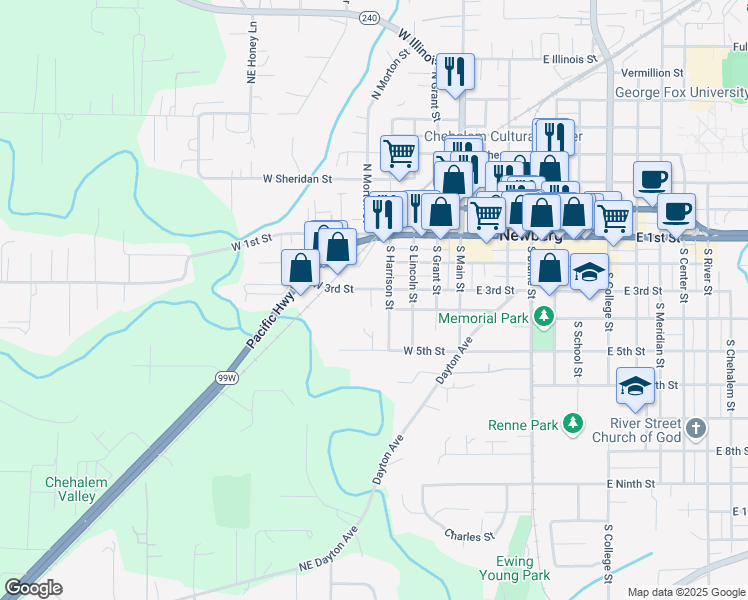 map of restaurants, bars, coffee shops, grocery stores, and more near 414 West 3rd Street in Newberg