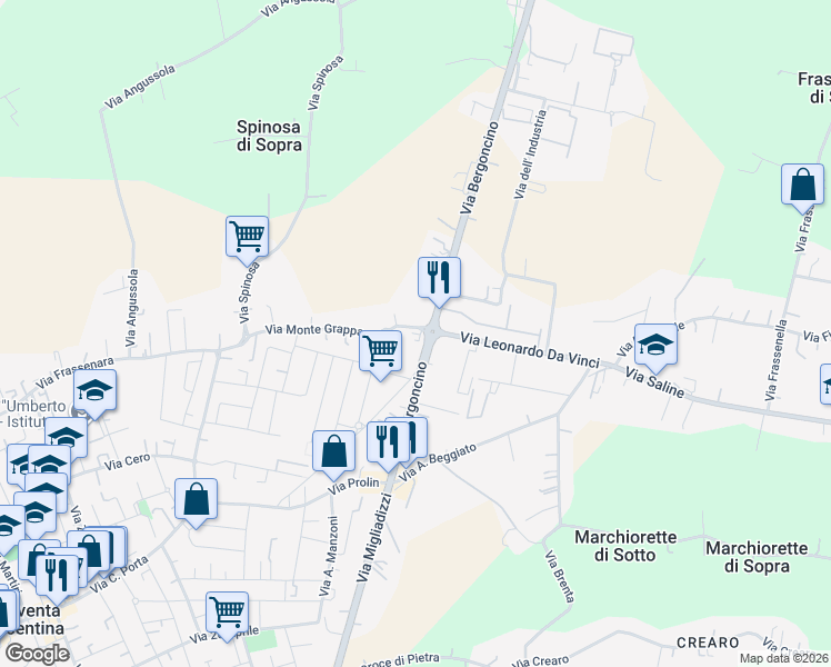 map of restaurants, bars, coffee shops, grocery stores, and more near 88 Via Monte Grappa in Noventa Vicentina
