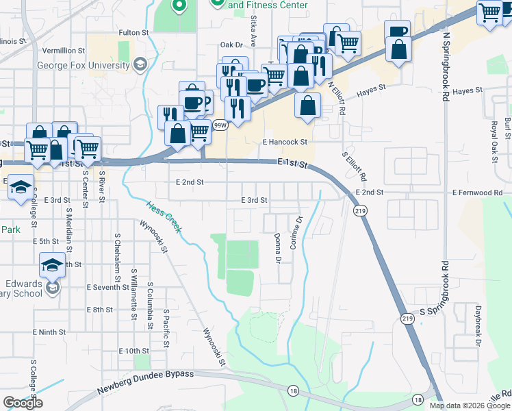 map of restaurants, bars, coffee shops, grocery stores, and more near 300 South Everest Road in Newberg