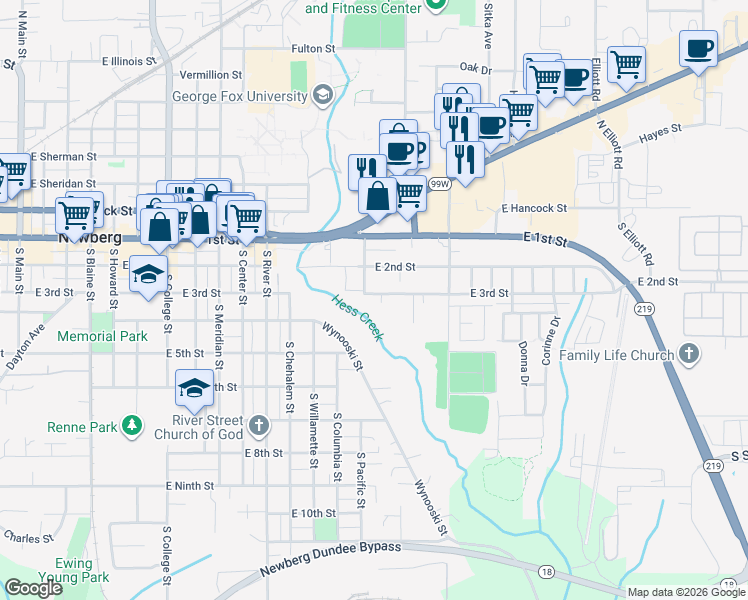 map of restaurants, bars, coffee shops, grocery stores, and more near 1506 East 3rd Street in Newberg