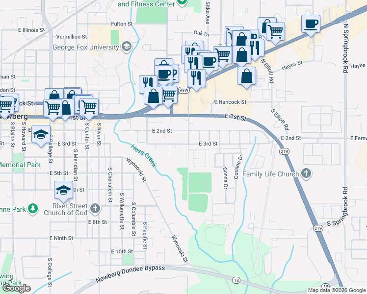 map of restaurants, bars, coffee shops, grocery stores, and more near 1562 East 3rd Street in Newberg