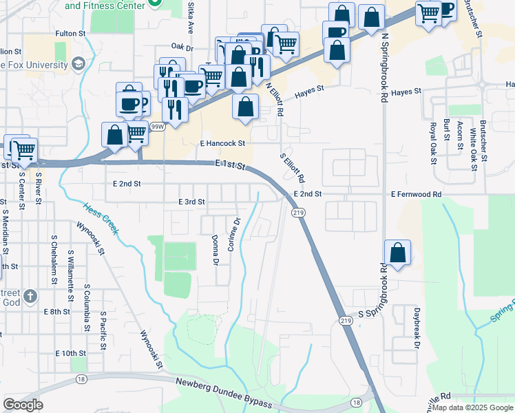 map of restaurants, bars, coffee shops, grocery stores, and more near 317 NE Airpark Way in Newberg