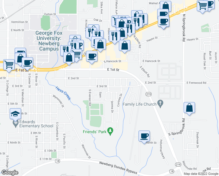 map of restaurants, bars, coffee shops, grocery stores, and more near 2208 East 3rd Street in Newberg
