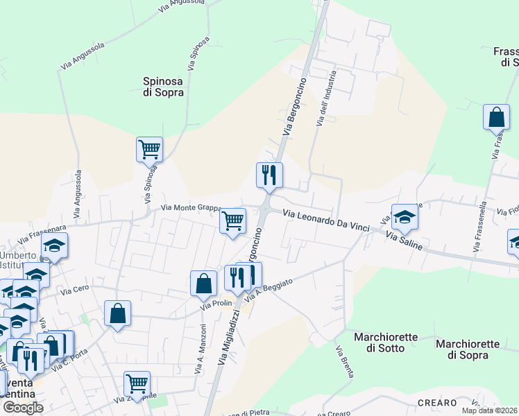 map of restaurants, bars, coffee shops, grocery stores, and more near 88 Via Monte Grappa in Noventa Vicentina