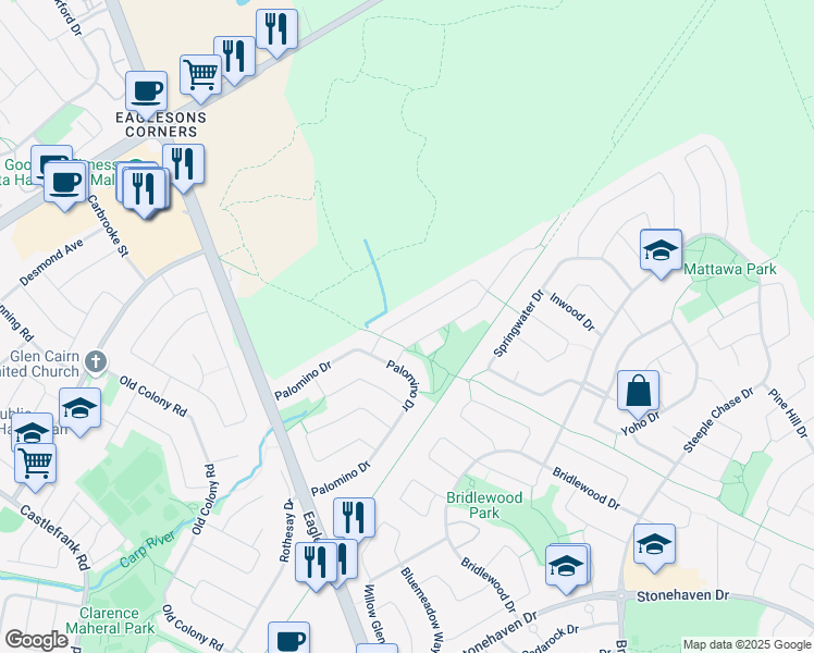 map of restaurants, bars, coffee shops, grocery stores, and more near 16 Dartmoor Drive in Ottawa