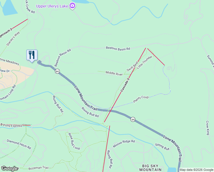 map of restaurants, bars, coffee shops, grocery stores, and more near 36 Swift Bear Road in Big Sky