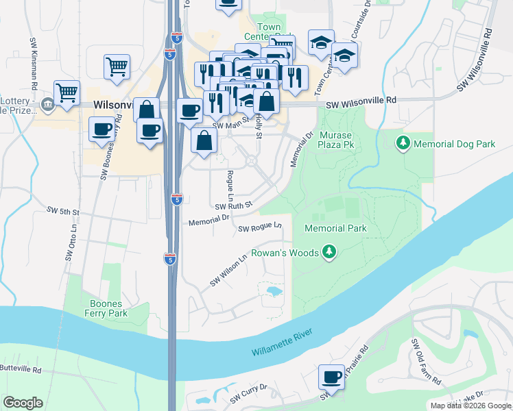 map of restaurants, bars, coffee shops, grocery stores, and more near 30514 Southwest Ruth Street in Wilsonville