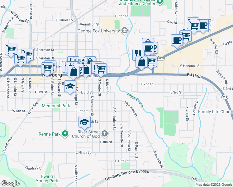 map of restaurants, bars, coffee shops, grocery stores, and more near 300 South Chehalem Street in Newberg