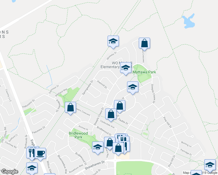 map of restaurants, bars, coffee shops, grocery stores, and more near 4 Inwood Drive in Ottawa