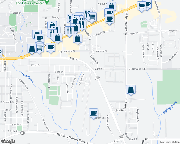 map of restaurants, bars, coffee shops, grocery stores, and more near 2568 East 2nd Street in Newberg