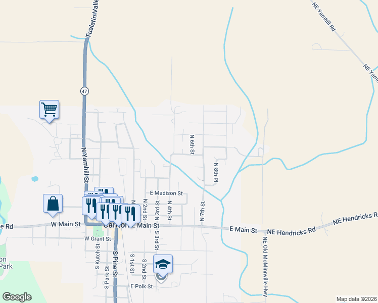 map of restaurants, bars, coffee shops, grocery stores, and more near 601 North 6th Street in Carlton