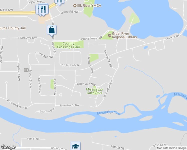 map of restaurants, bars, coffee shops, grocery stores, and more near 13143 180th Lane Northwest in Elk River