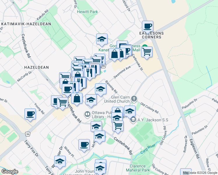 map of restaurants, bars, coffee shops, grocery stores, and more near 8 Bradley Farm Court in Ottawa