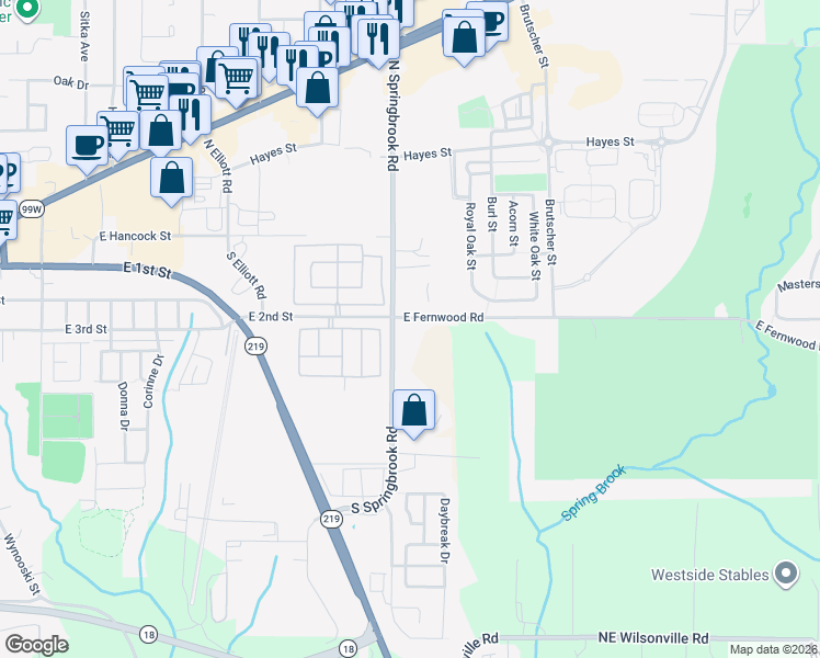 map of restaurants, bars, coffee shops, grocery stores, and more near 3312 East Fernwood Road in Newberg