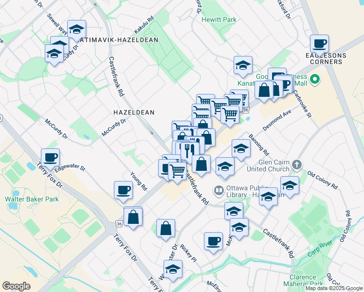 map of restaurants, bars, coffee shops, grocery stores, and more near 471 Hazeldean Road in Ottawa