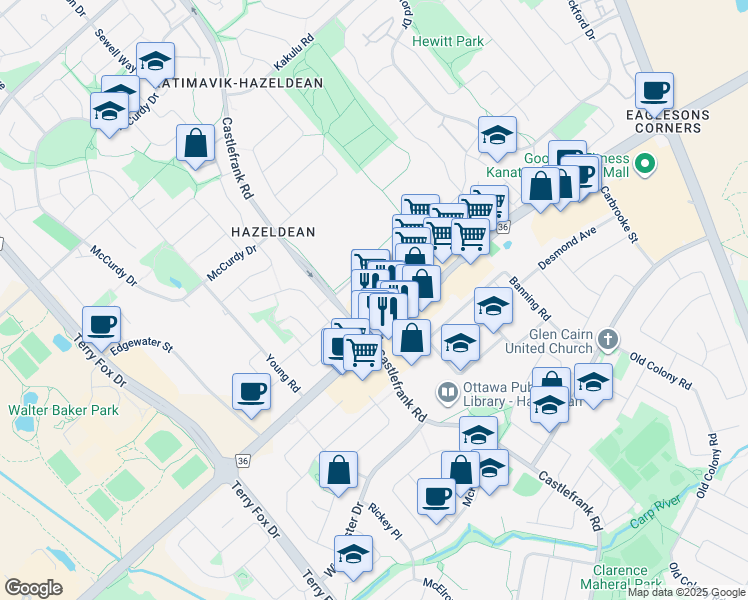 map of restaurants, bars, coffee shops, grocery stores, and more near 471 Hazeldean Road in Ottawa