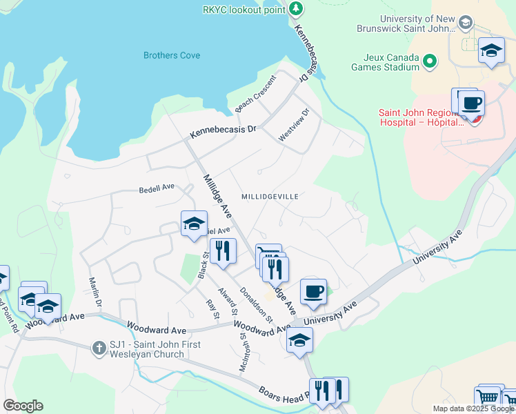 map of restaurants, bars, coffee shops, grocery stores, and more near 53 Hill Heights Road in Saint John