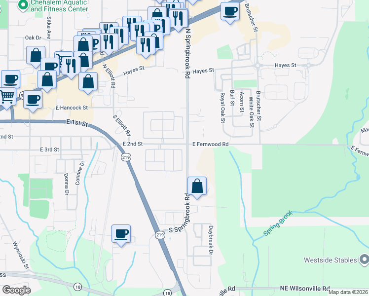 map of restaurants, bars, coffee shops, grocery stores, and more near 3355 East Fernwood Road in Newberg
