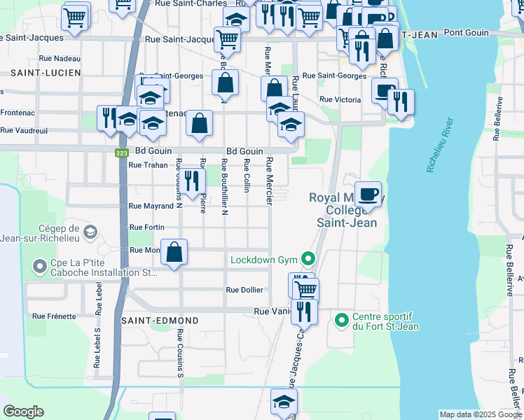 map of restaurants, bars, coffee shops, grocery stores, and more near 144 Rue Mayrand in Saint-Jean-sur-Richelieu