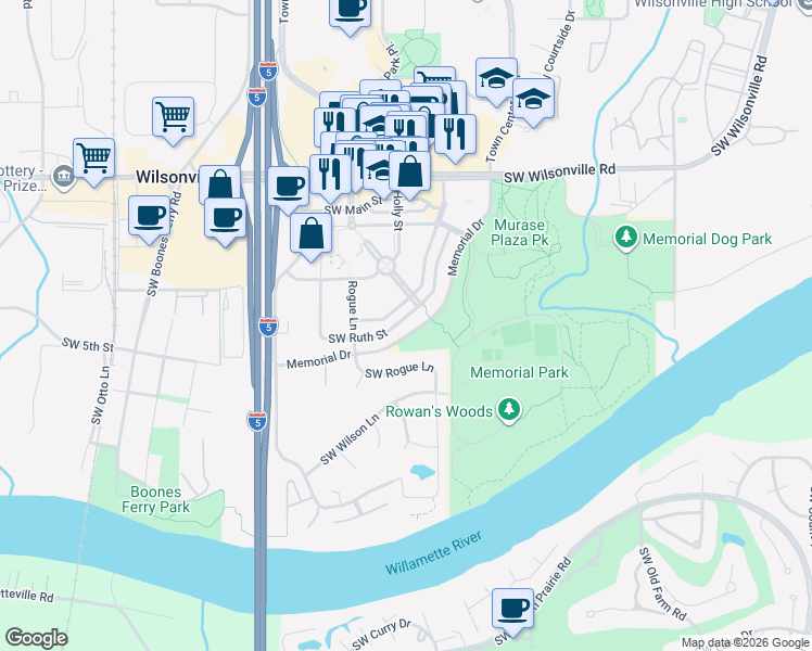 map of restaurants, bars, coffee shops, grocery stores, and more near 30482 Southwest Ruth Street in Wilsonville