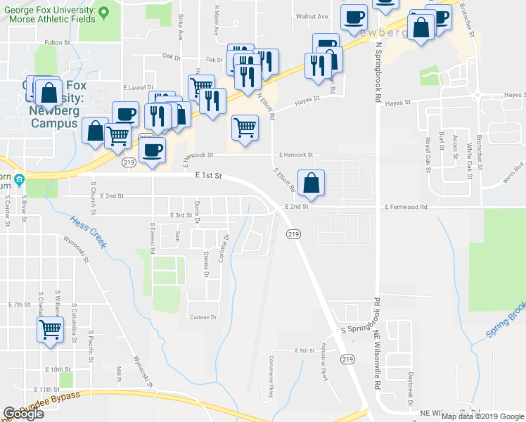 map of restaurants, bars, coffee shops, grocery stores, and more near 2568 East 2nd Street in Newberg