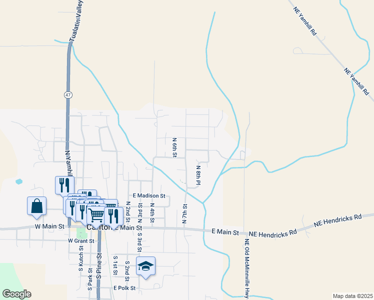 map of restaurants, bars, coffee shops, grocery stores, and more near 155 E Garfield St in Carlton