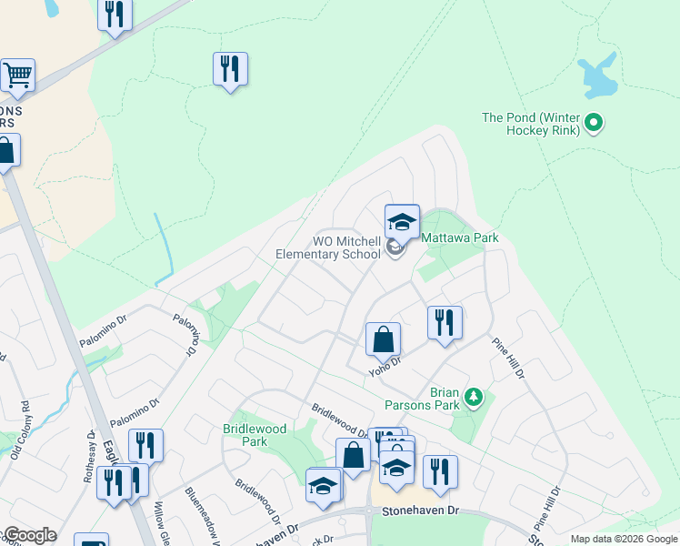 map of restaurants, bars, coffee shops, grocery stores, and more near 14 Inwood Drive in Ottawa