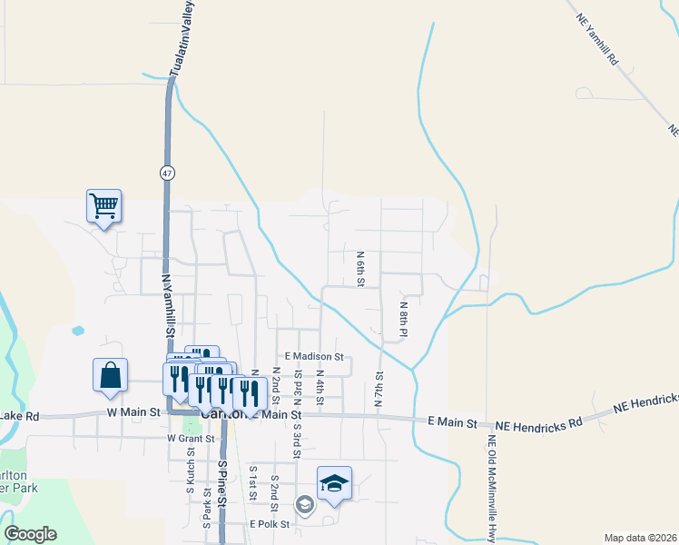 map of restaurants, bars, coffee shops, grocery stores, and more near 601 North 6th Street in Carlton
