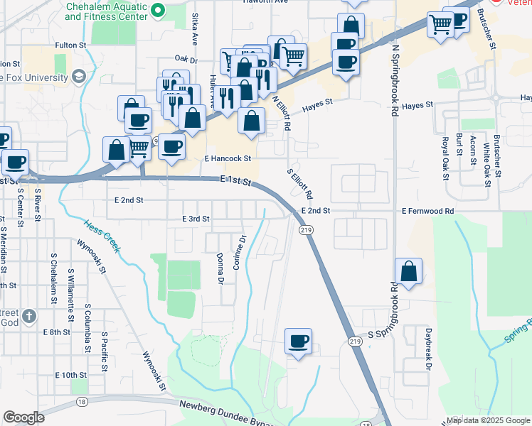 map of restaurants, bars, coffee shops, grocery stores, and more near 317 Northeast Airpark Way in Newberg