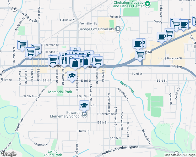 map of restaurants, bars, coffee shops, grocery stores, and more near 912 East 3rd Street in Newberg