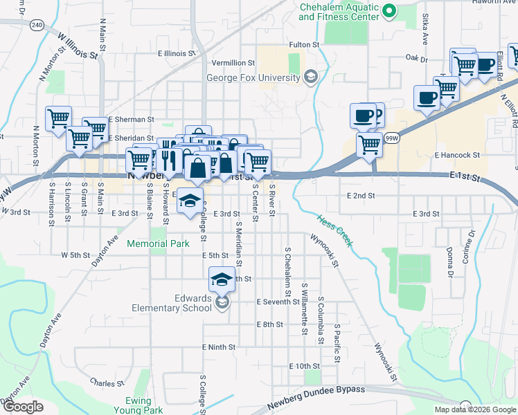 map of restaurants, bars, coffee shops, grocery stores, and more near 912 East 3rd Street in Newberg
