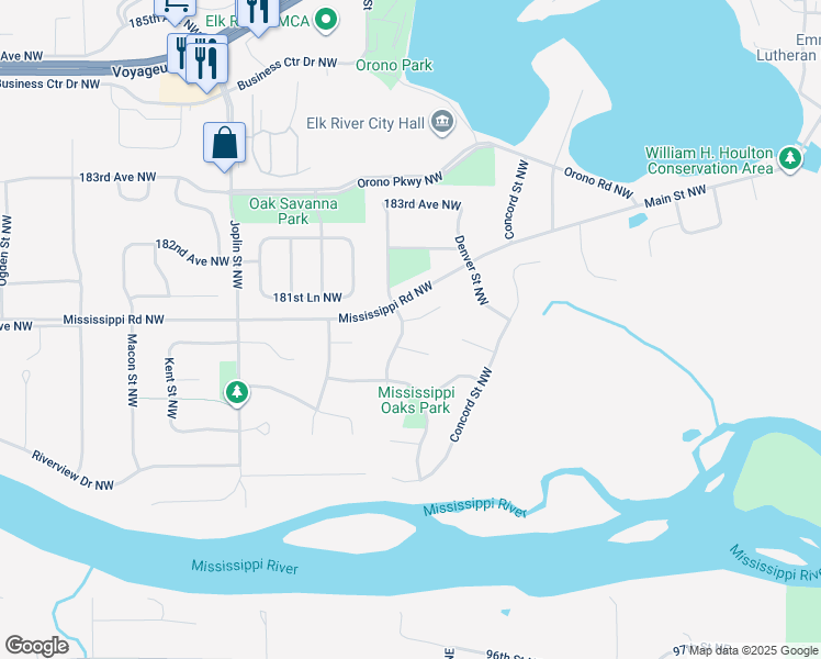 map of restaurants, bars, coffee shops, grocery stores, and more near 13143 180th Lane Northwest in Elk River