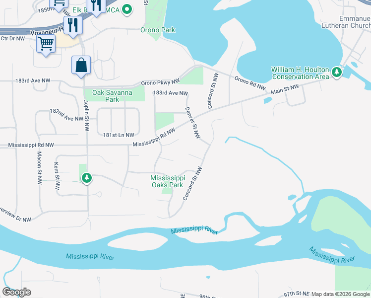 map of restaurants, bars, coffee shops, grocery stores, and more near 13077 180th Court Northwest in Elk River