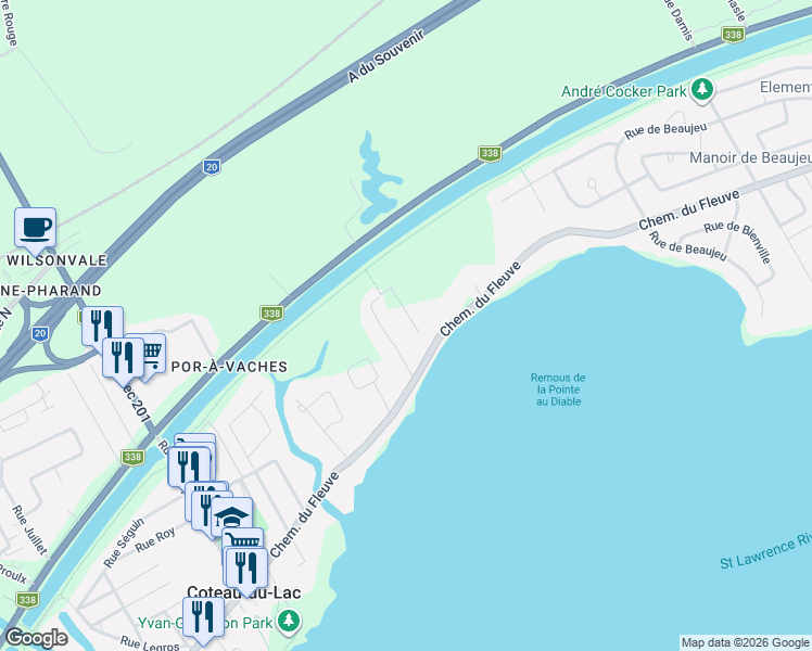 map of restaurants, bars, coffee shops, grocery stores, and more near Chemin du Fleuve in Coteau-du-Lac