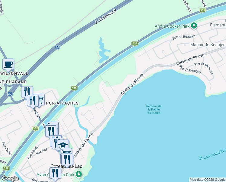 map of restaurants, bars, coffee shops, grocery stores, and more near Chemin du Fleuve in Coteau-du-Lac