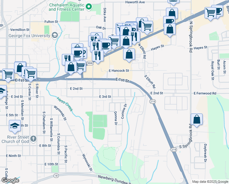 map of restaurants, bars, coffee shops, grocery stores, and more near 2208 East 3rd Street in Newberg