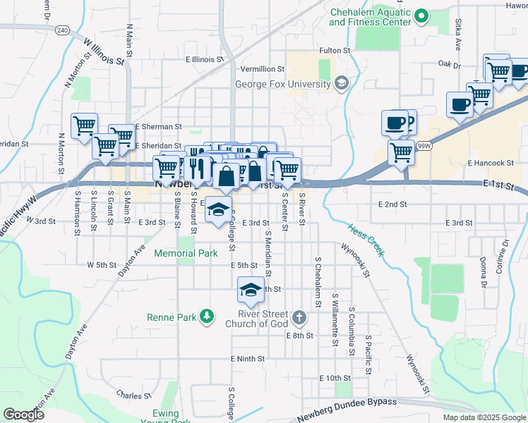 map of restaurants, bars, coffee shops, grocery stores, and more near 800 East 3rd Street in Newberg