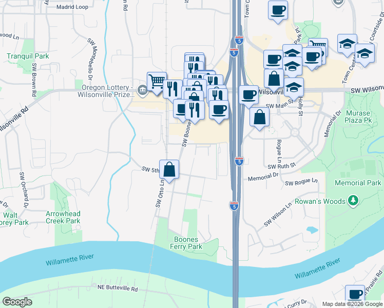 map of restaurants, bars, coffee shops, grocery stores, and more near 30605 Southwest Magnolia Avenue in Wilsonville