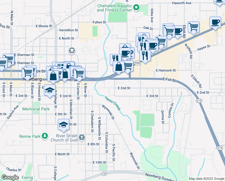 map of restaurants, bars, coffee shops, grocery stores, and more near 1506 East 3rd Street in Newberg