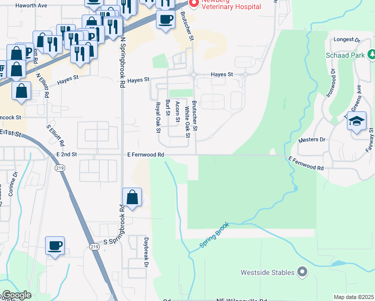 map of restaurants, bars, coffee shops, grocery stores, and more near 3712 East Fernwood Road in Newberg