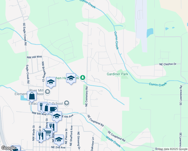 map of restaurants, bars, coffee shops, grocery stores, and more near 855 Northeast Hill Way in Estacada