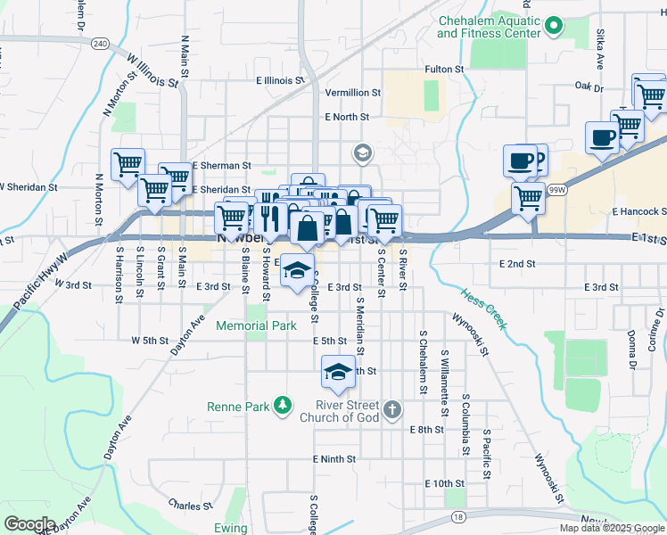 map of restaurants, bars, coffee shops, grocery stores, and more near 112 South Edwards Street in Newberg